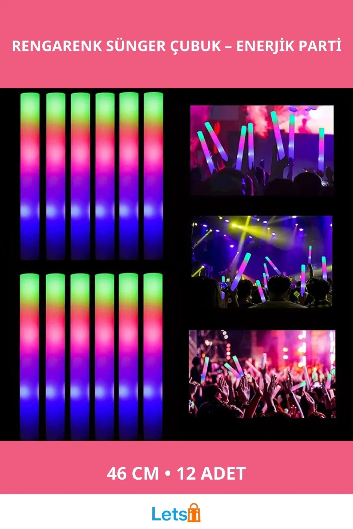 Rengarenk LED Işıklı Sünger Parti Çubuğu 46 cm 12 Adet