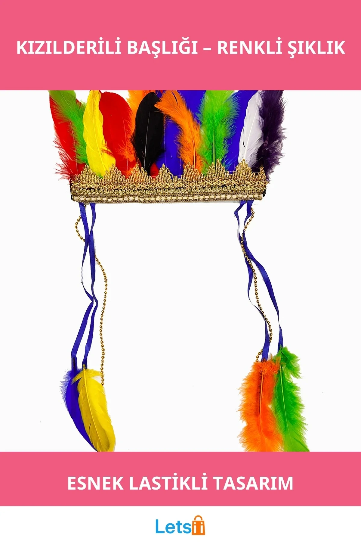 Rengarenk Tüylerle İşlenmiş Lastikli Kızılderili Başlığı