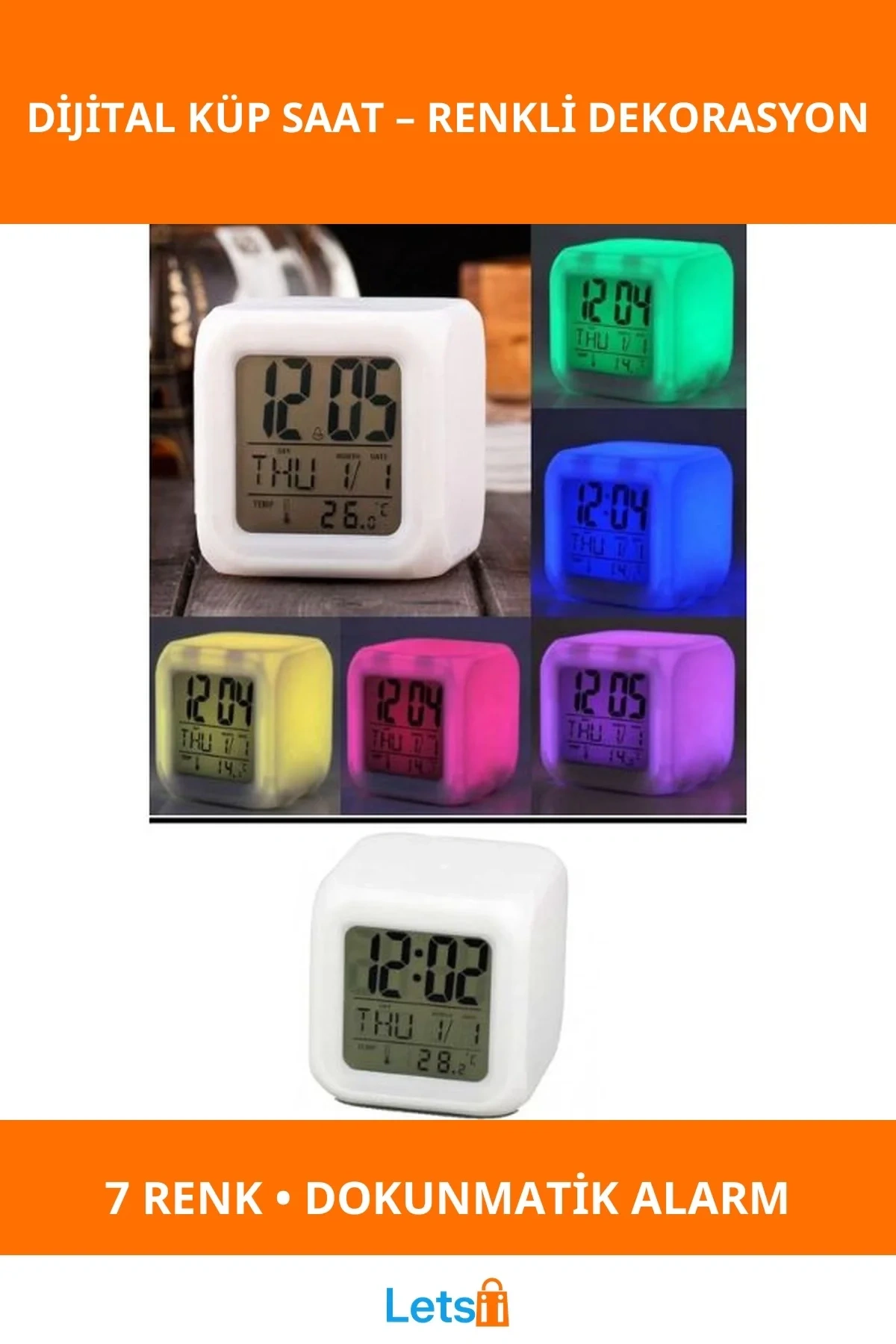 Renk Değiştiren Alarmlı Dijital Küp Saat 7 Renkli Tasarım
