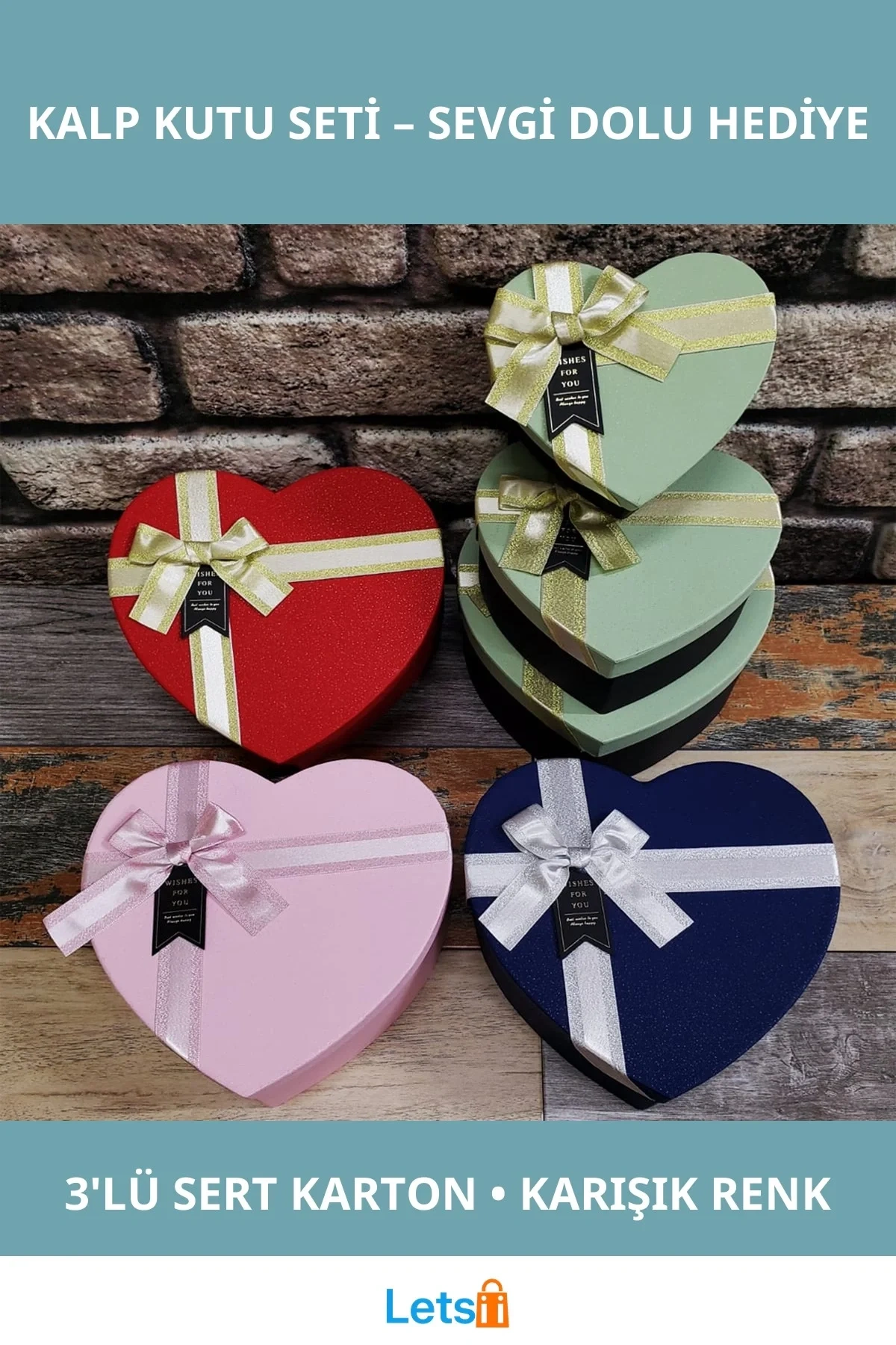 Renkli 3lü Hediyelik Kalp Kutu Seti Karton