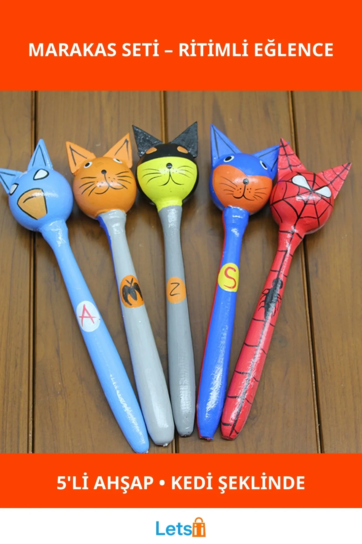 Renkli Ahşap Kedi Şeklinde 5li Marakas Çocuklar İçin Müzik Aleti