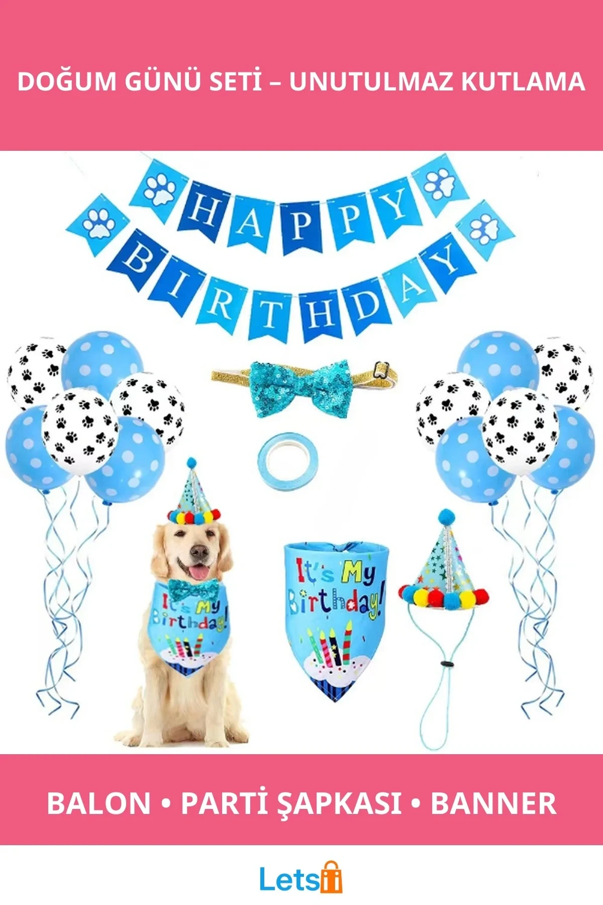 Renkli Balonlu Parti Şapkaları ve Bandanalı Köpekler İçin Doğum Günü Kutlama Seti