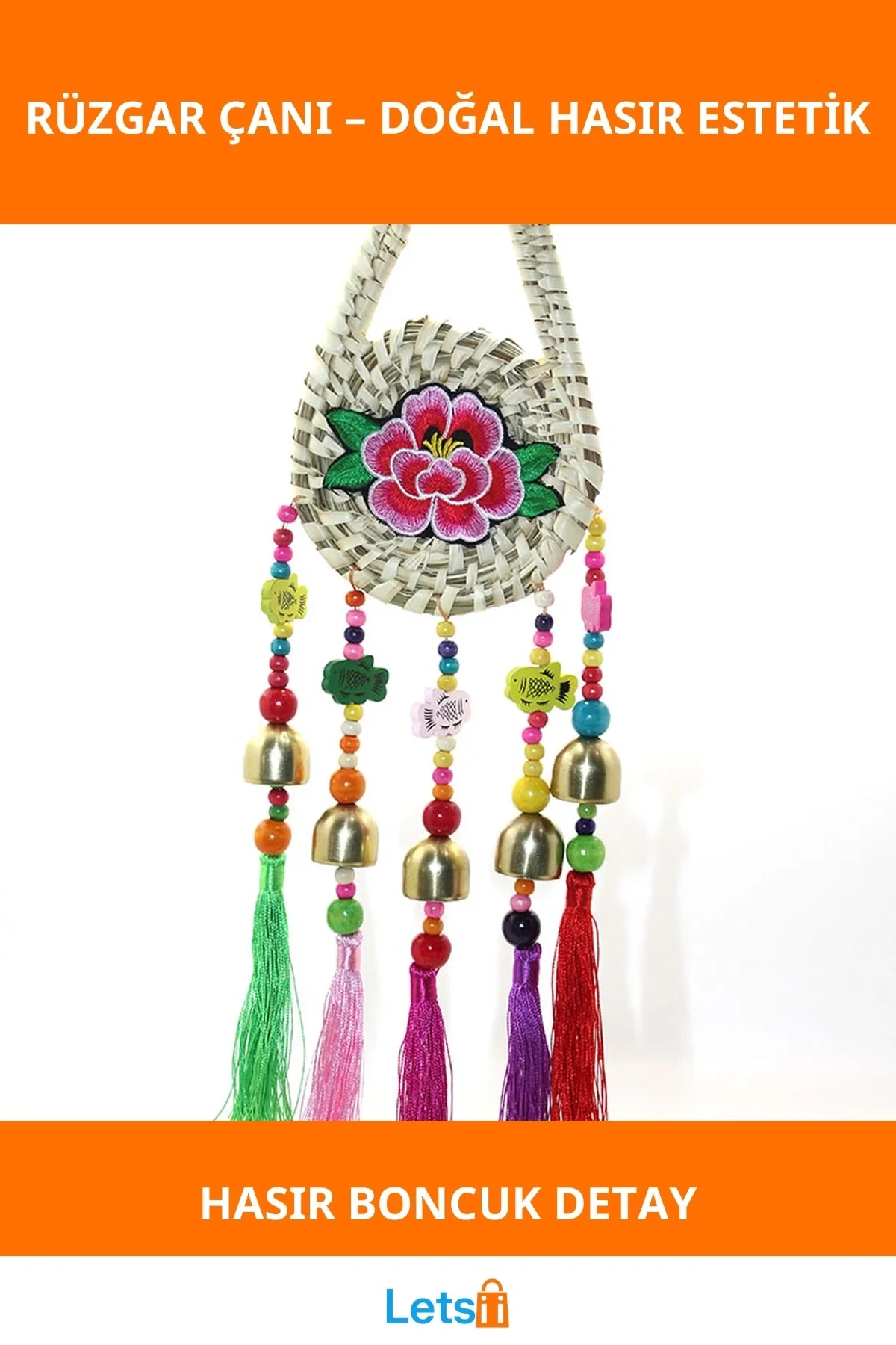 Renkli Boncuklu Hasır Tasarım Rüzgar Çanı