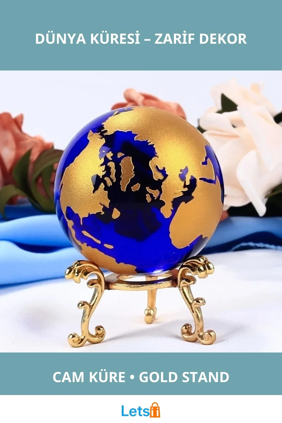 Renkli Cam Dünya Küresi Gold Metal Standlı 6 cm Dekoratif Dünya