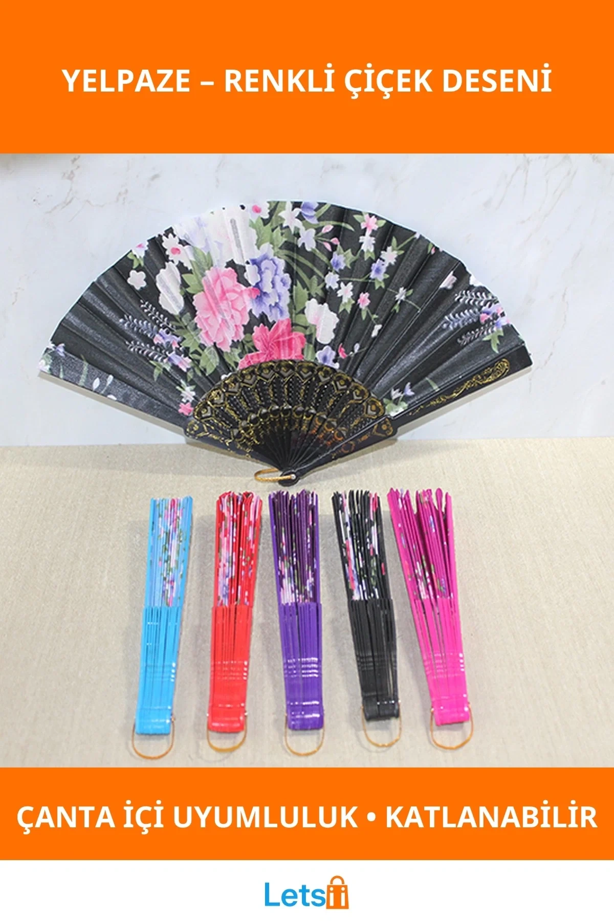 Renkli Çiçek Desenli Hafif Katlanabilir Plastik Yelpaze