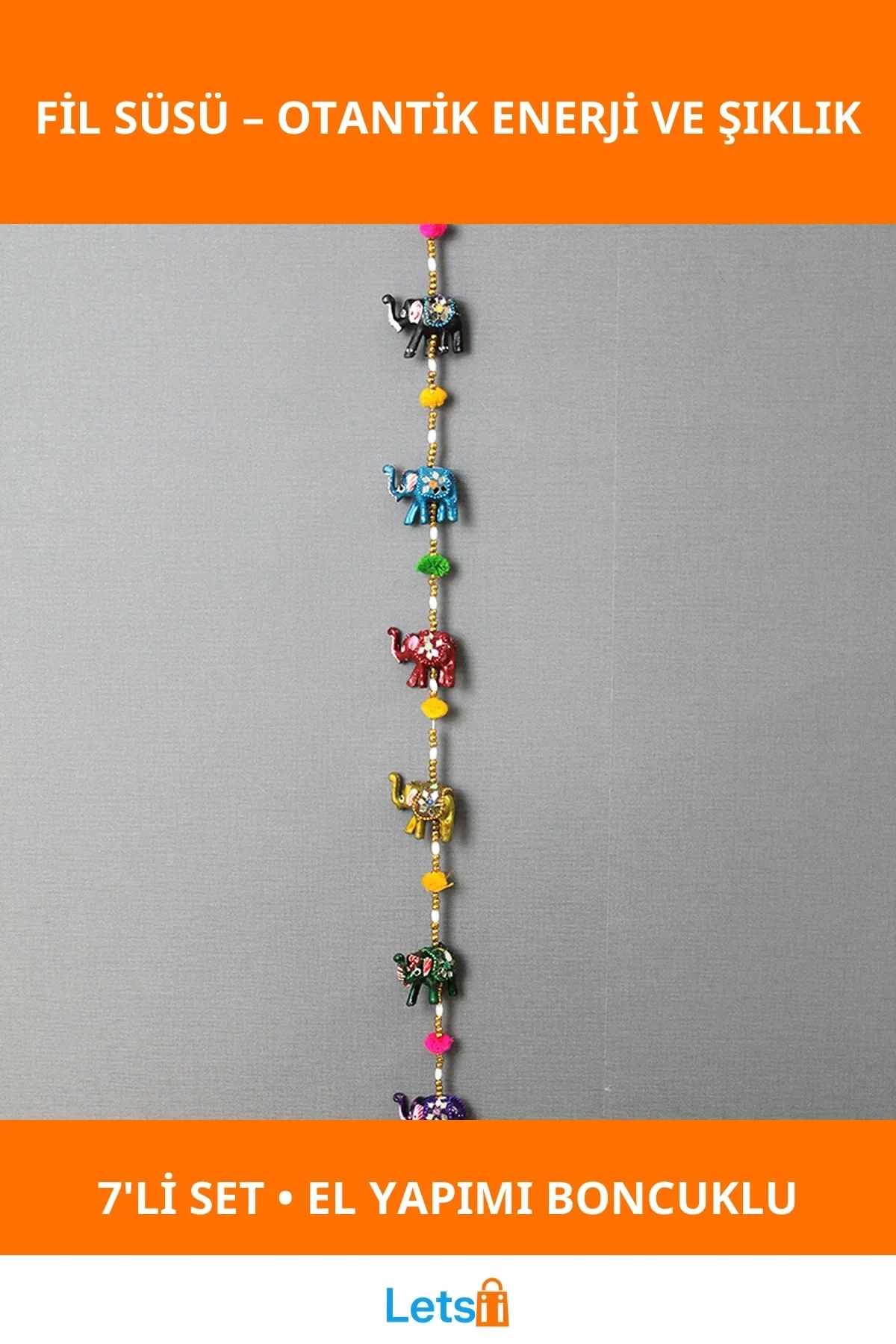 Renkli El Yapımı 7li Asmalı Aynalı Fil Süsü