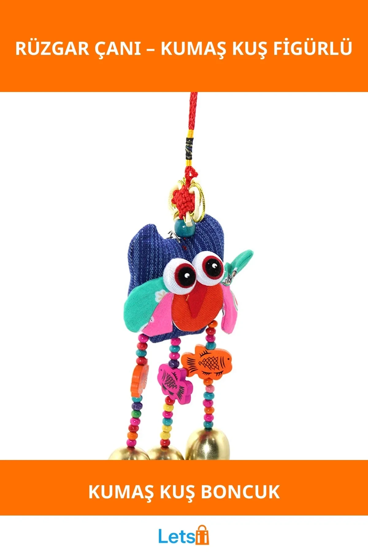 Renkli Kumaş Kuş Figürlü Boncuk Detaylı Dekoratif Rüzgar Çanı