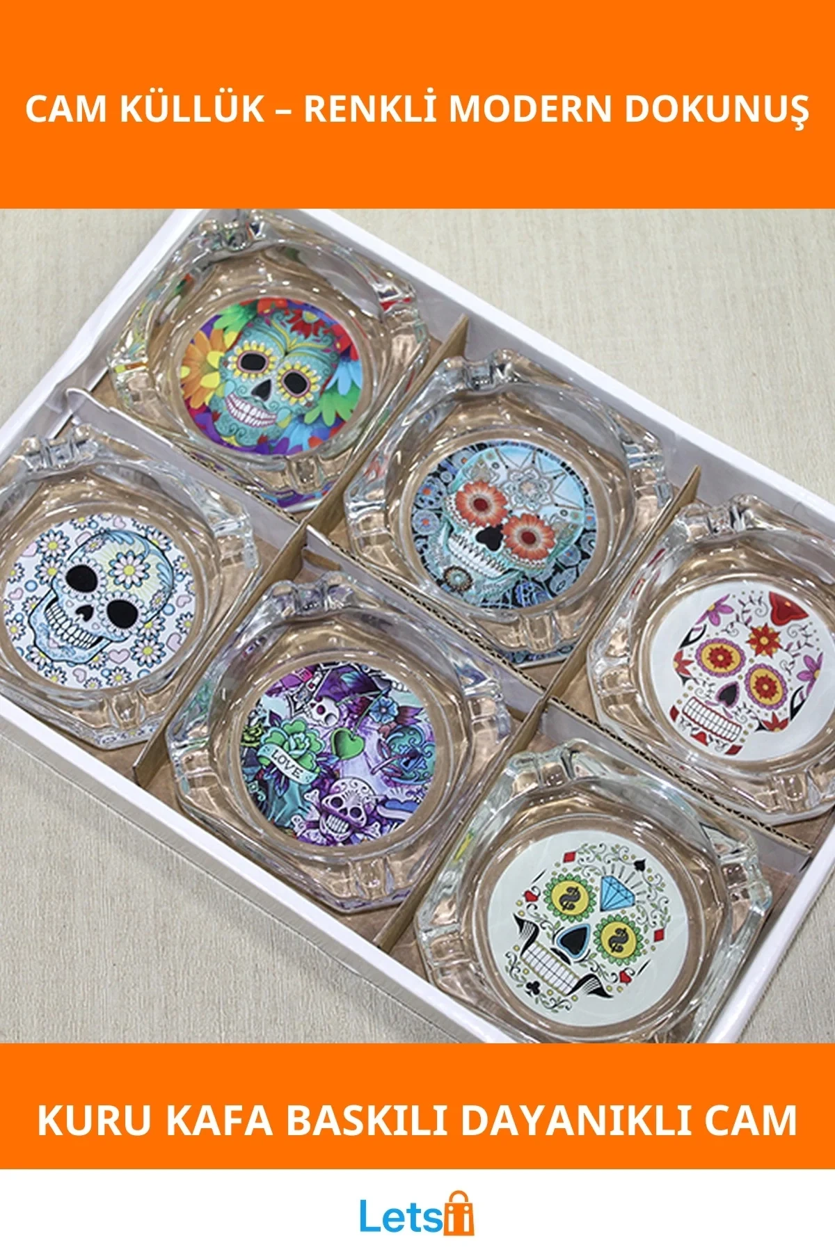 Renkli Kuru Kafa Baskılı Şık Cam Küllük