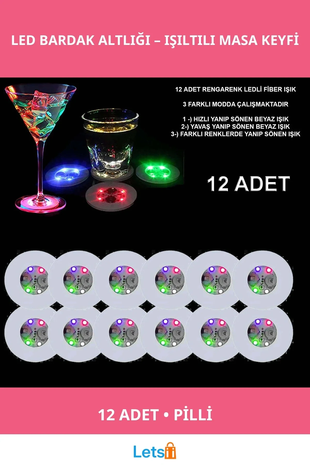 Renkli LED Işıklı Pilli Bardak Altlığı 12 Adet