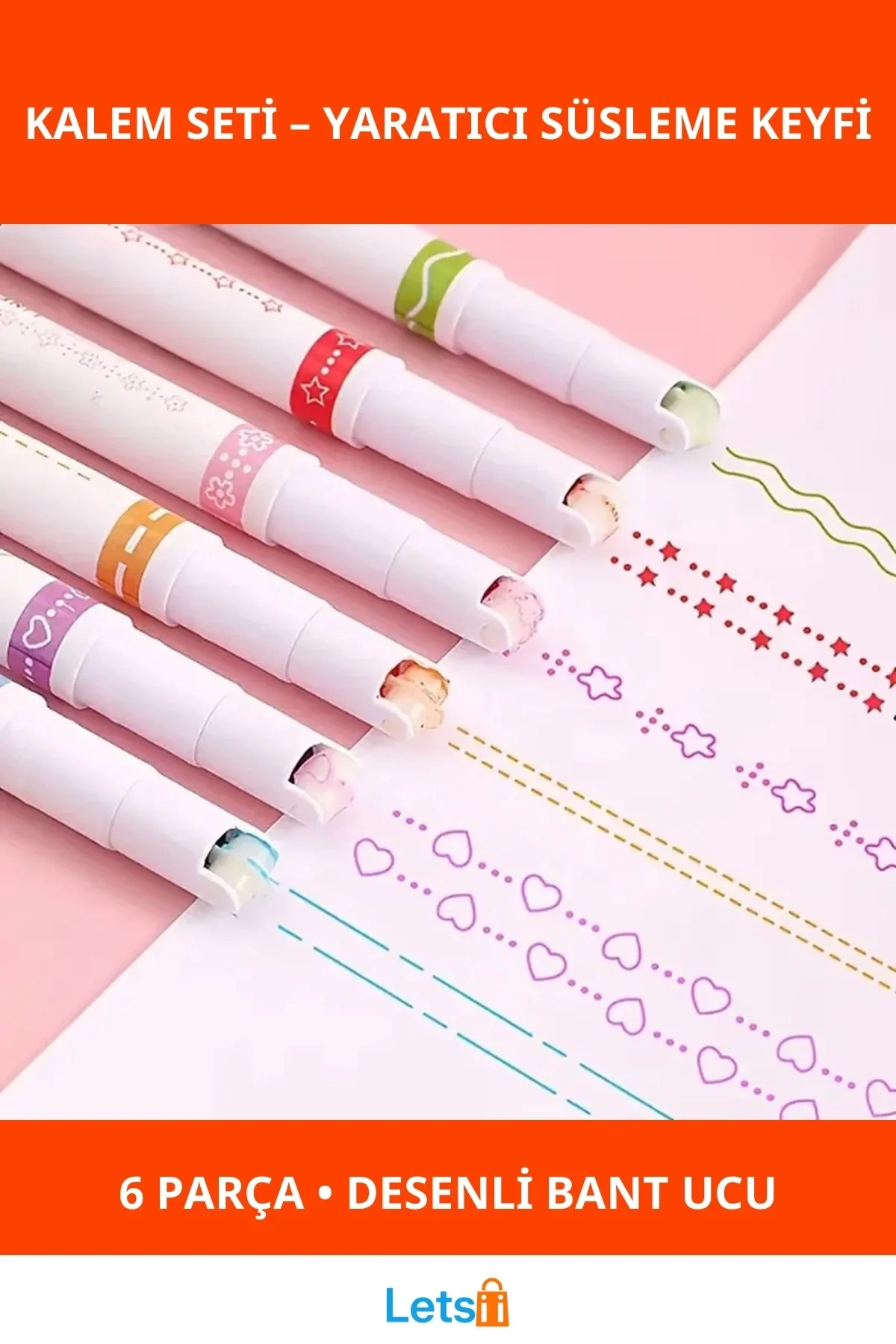 Renkli Motif Baskılı Eğlenceli 6lı Kalem Seti