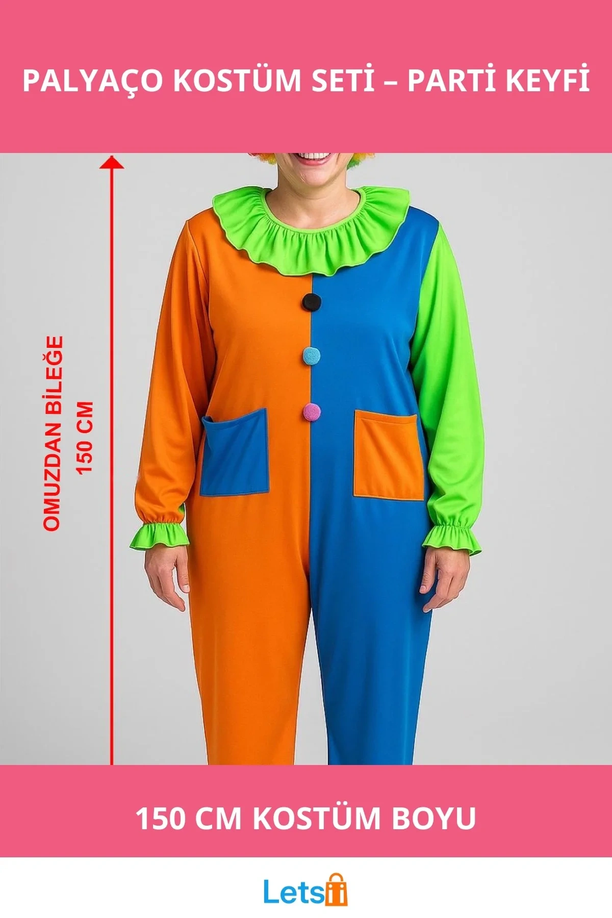 Renkli Palyaço Kostümü 150 cm Peruk, Burun ve Eğlenceli Aksesuarlar