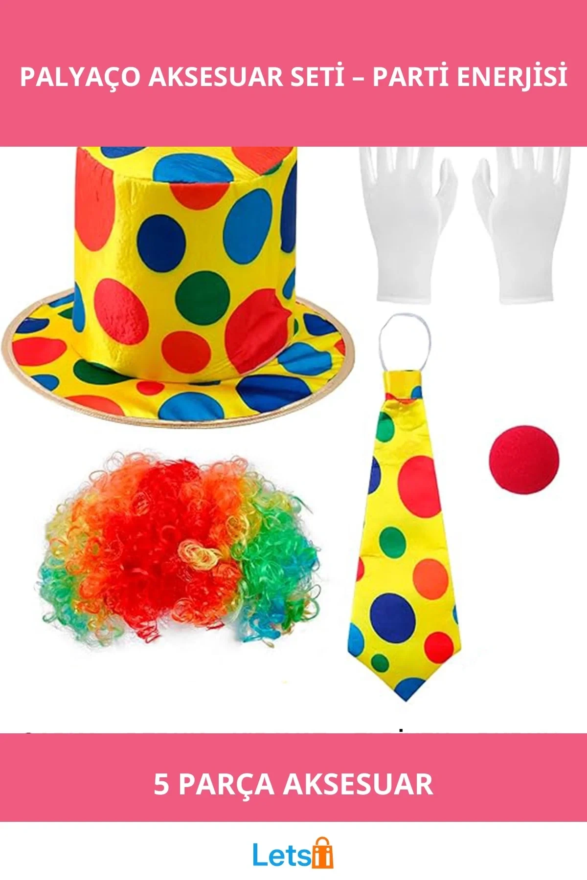 Renkli Palyaço Kostümü Şapka, Peruk, Kravat, Eldiven ve Burun ile 5 Parça Aksesuar