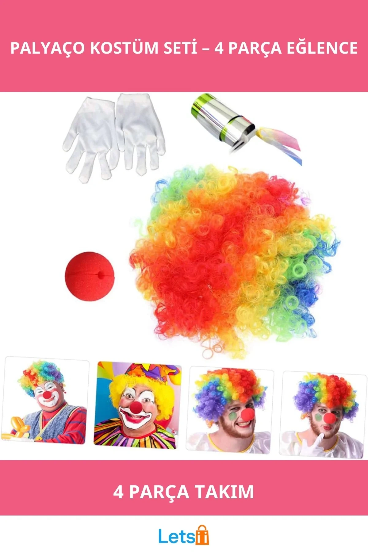 Renkli Palyaço Saç, Burun, Eldiven ve Baston Seti 4lü