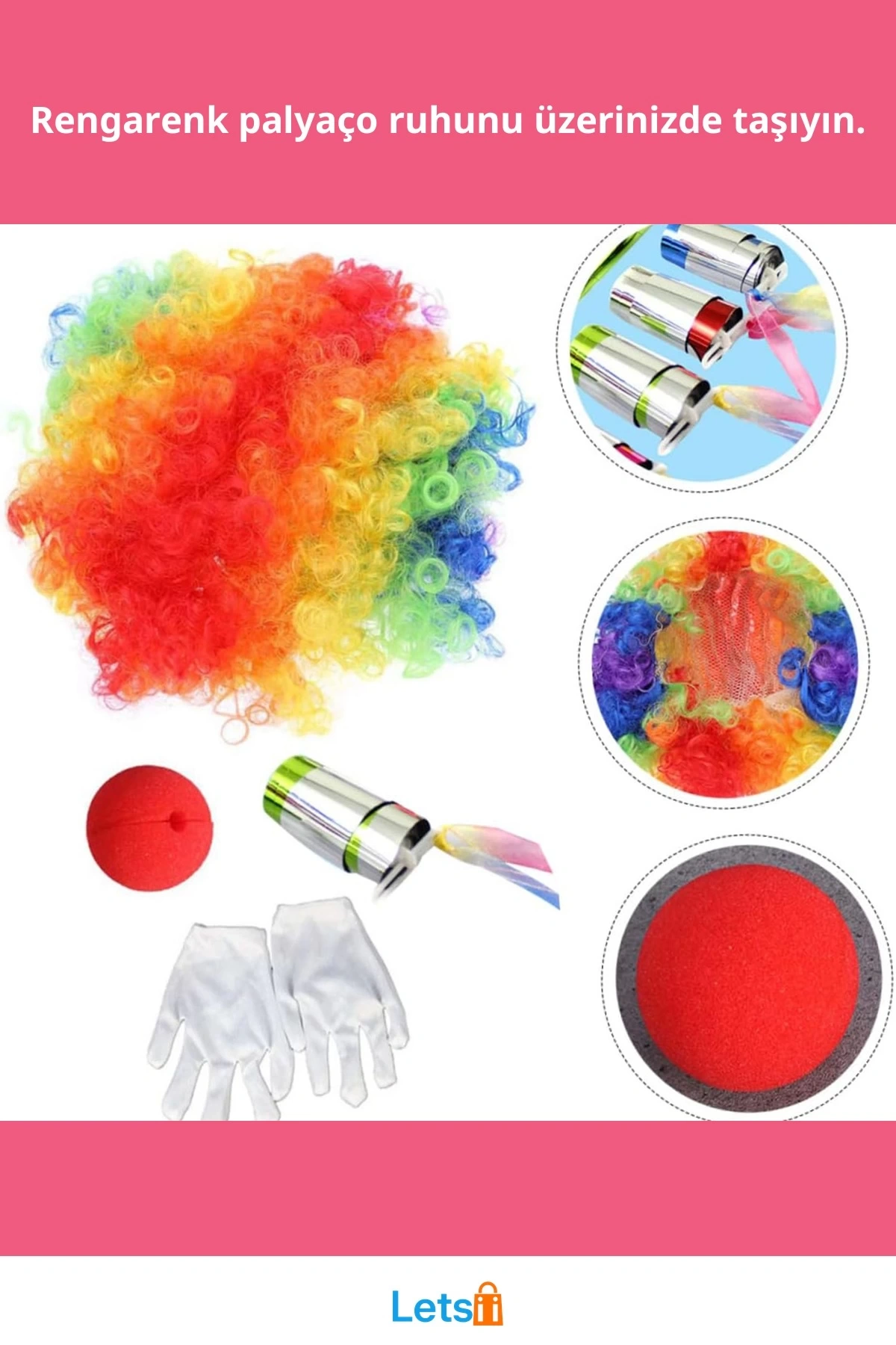 Renkli Palyaço Saç, Burun, Eldiven ve Baston Seti 4lü