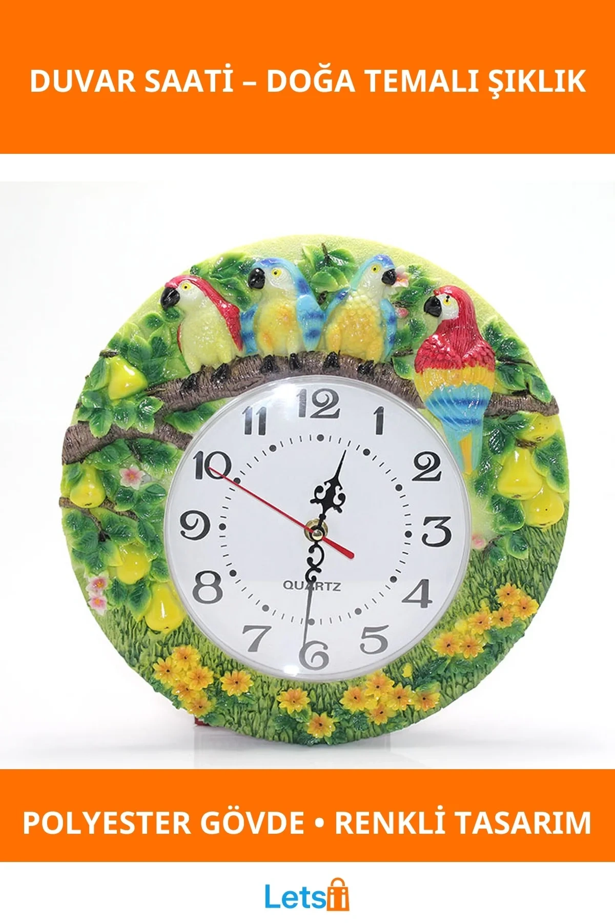 Renkli Papağanlı Polyester Duvar Saati