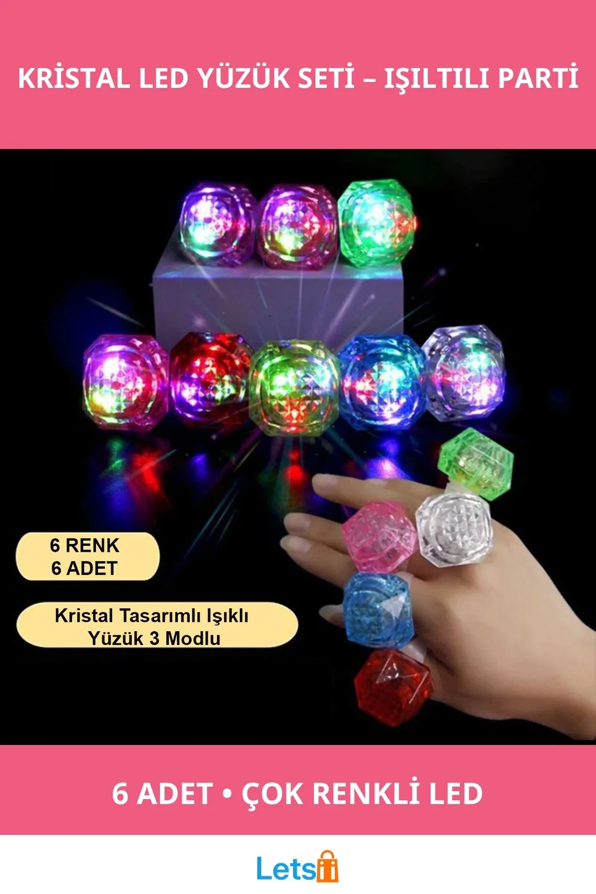 Renkli Parlayan 6lı Kristal LED Parti Yüzüğü