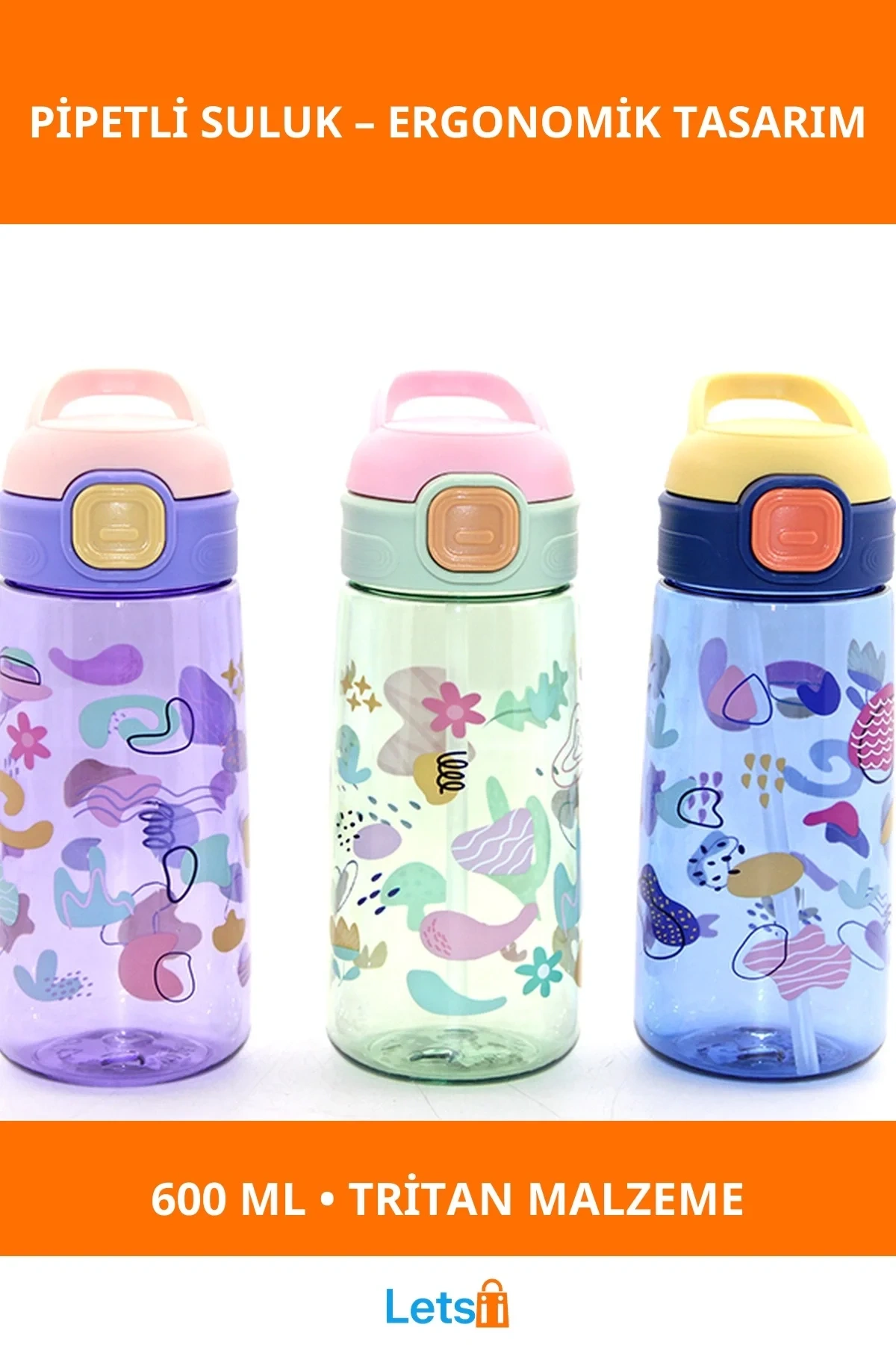 Renkli Pipetli Sızdırmaz 600 Ml Suluk Sağlıklı ve Dayanıklı Tritan