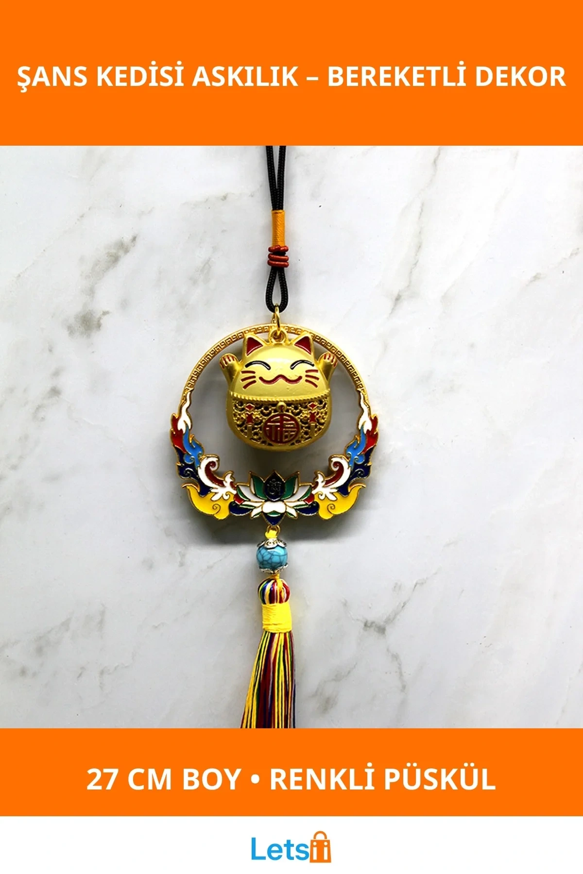Renkli Püsküllü Şans Kedisi Feng Shui Dekoratif Askılık 27cm