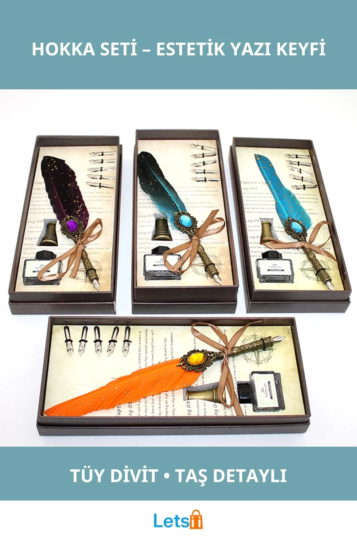 Renkli Taşlı Tüy Divit Hokka Nostaljik Yazı Seti