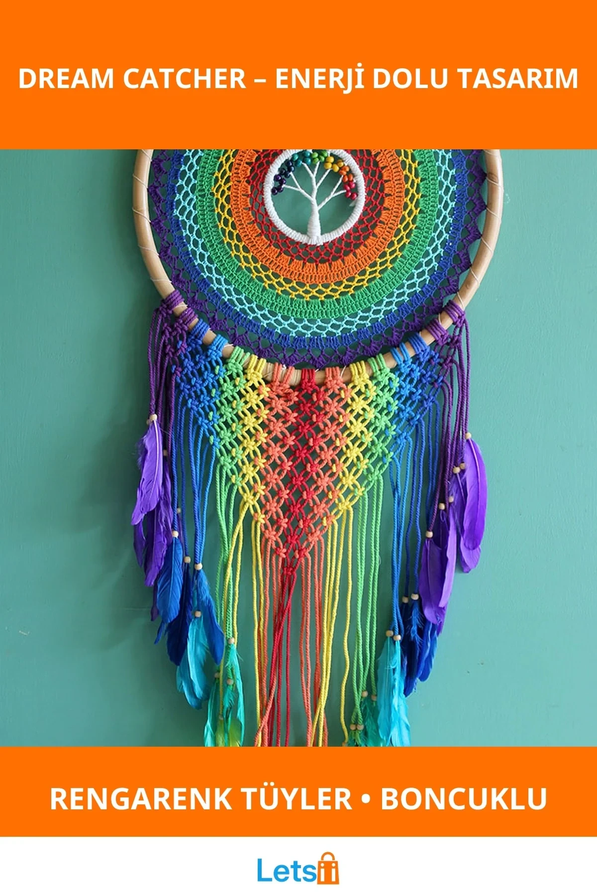 Renkli Tüylerle Şık Rüya Kapanı Dream Catcher 43x110 cm