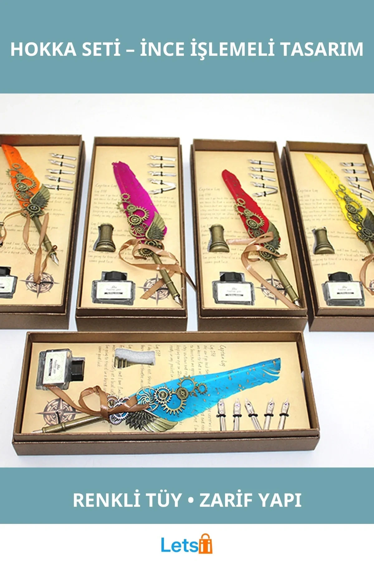 Renkli Tüyli Zarif Divit Hokka Yazı Seti