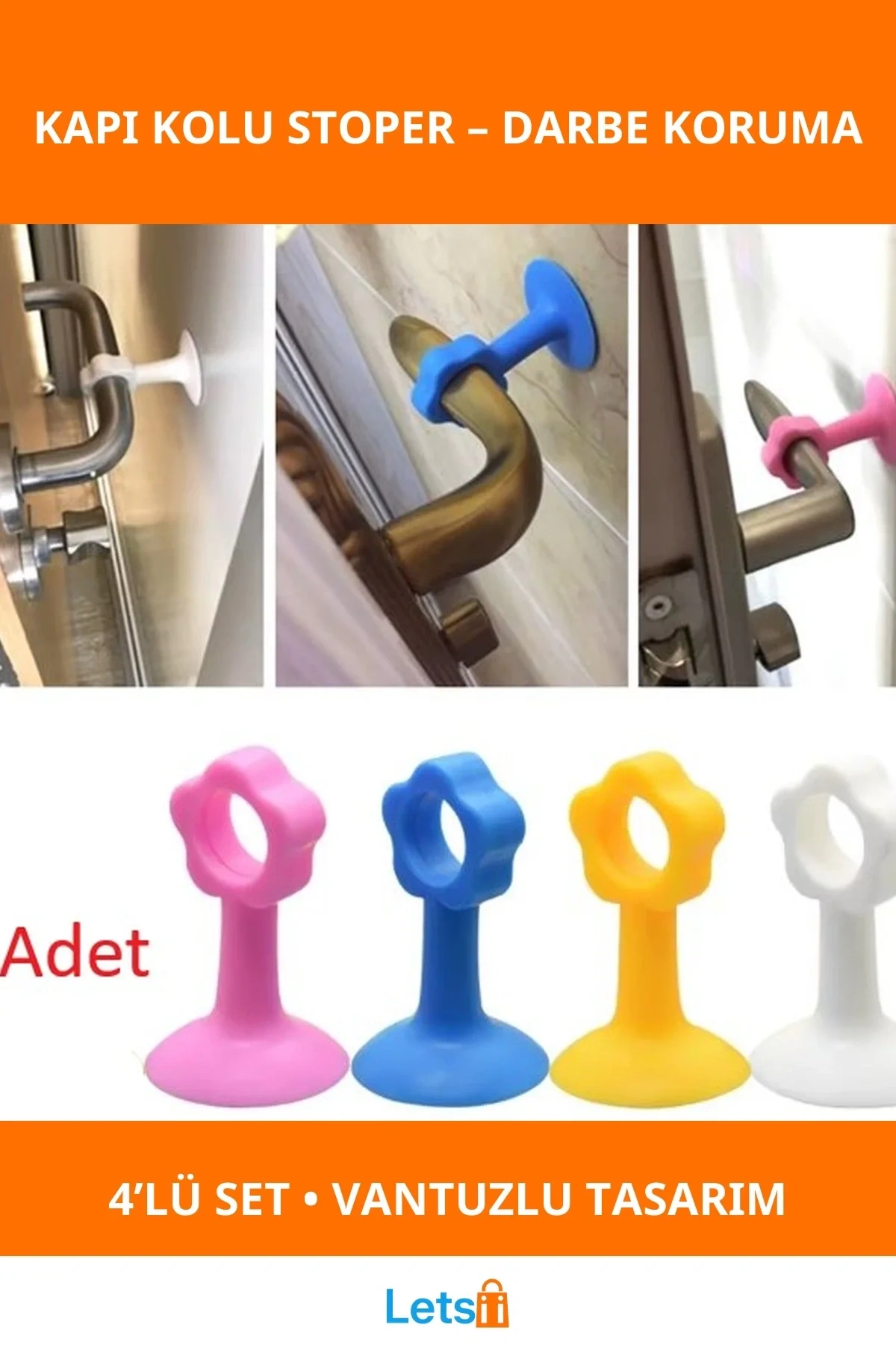 Renkli Vantuzlu Geçmeli Kapı Kolu Stoperi 4lü Set