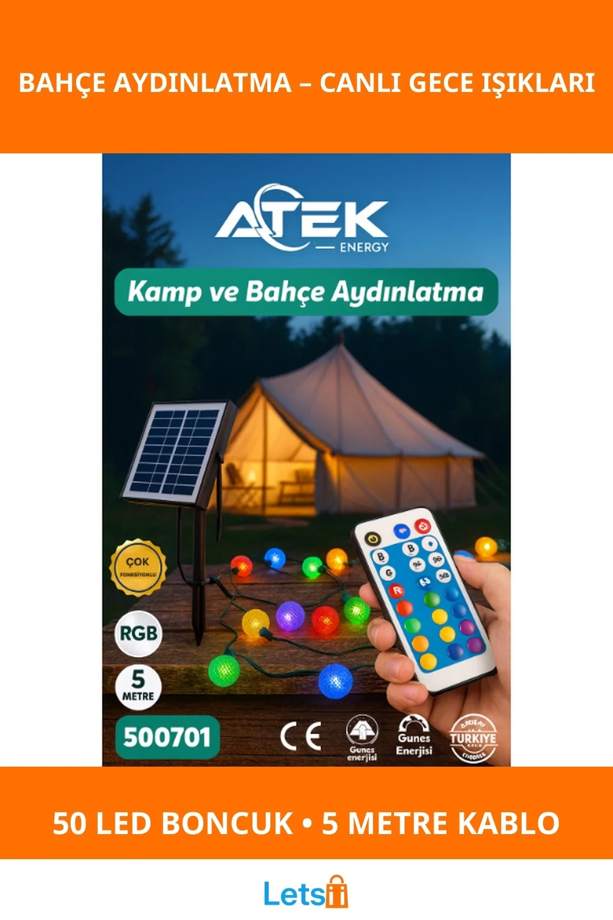 RGB Güneş Enerjili 50 LED Boncuk Kamp Ve Bahçe Aydınlatma
