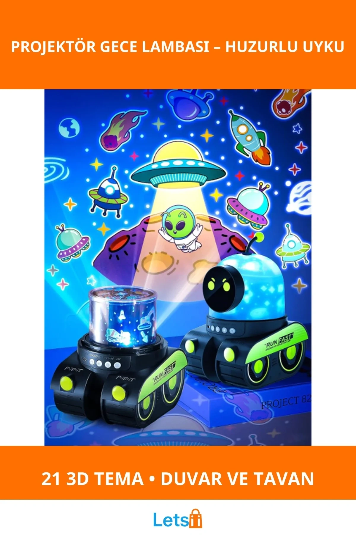 Robot Tasarımlı Eğlenceli Projektör Gece Lambası 21 Farklı 3D Projeksiyon