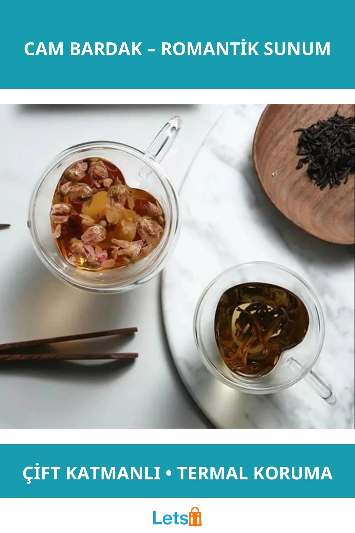 Romantik Kalp Şeklinde Çift Katmanlı Cam Bardak 250ml