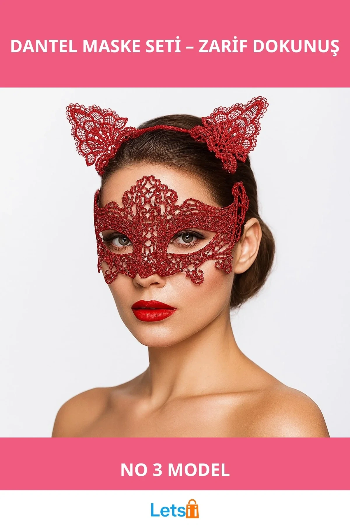 Romantik Kırmızı Dantel Maske Kedi Kulaklı Taç Seti