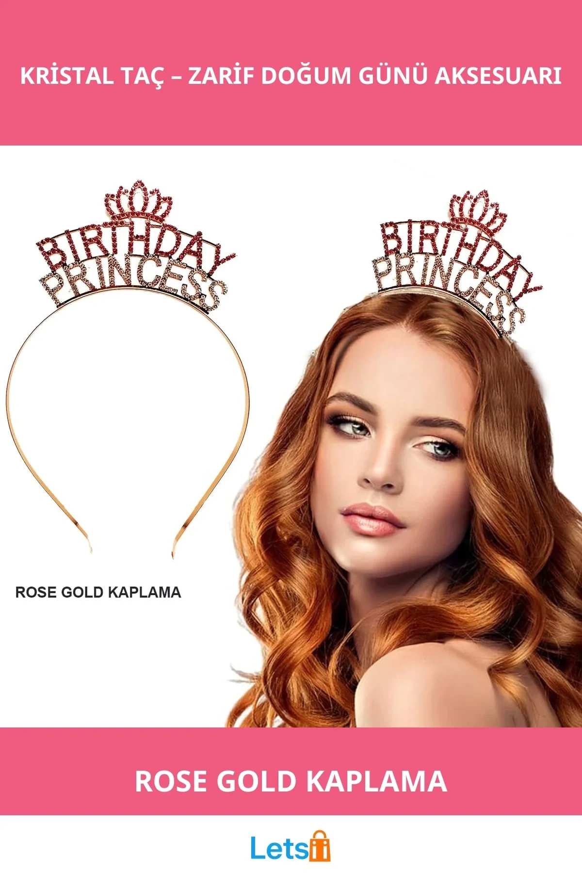 Rose Gold Kaplama Kristal Taç Doğum Günü Prensesi