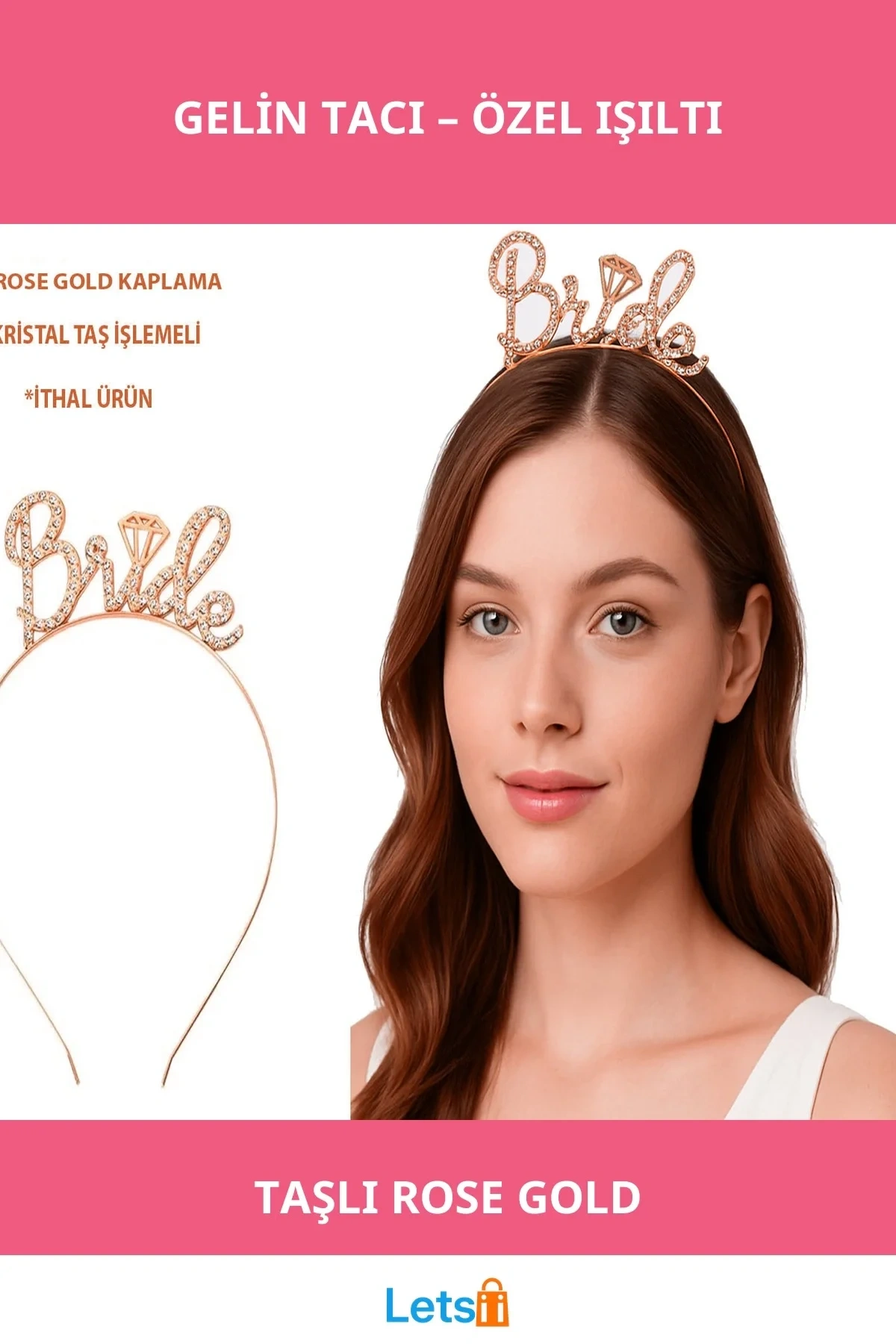 Rose Gold Renkli Taşlı Bride Gelin Tacı