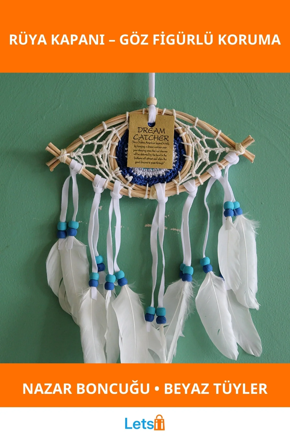 Rüya Kapanı Göz Tasarımı Beyaz Tüyler ve Nazar Boncuğu ile Süslü Dekoratif Ürün