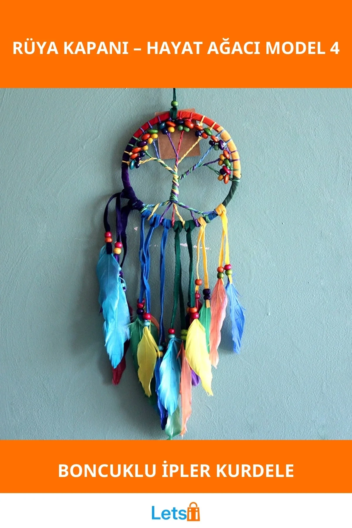 Rüya Kapanı Hayat Ağacı Modeli 4 Renkli İpler ve Boncuklar ile Tasarlanmış
