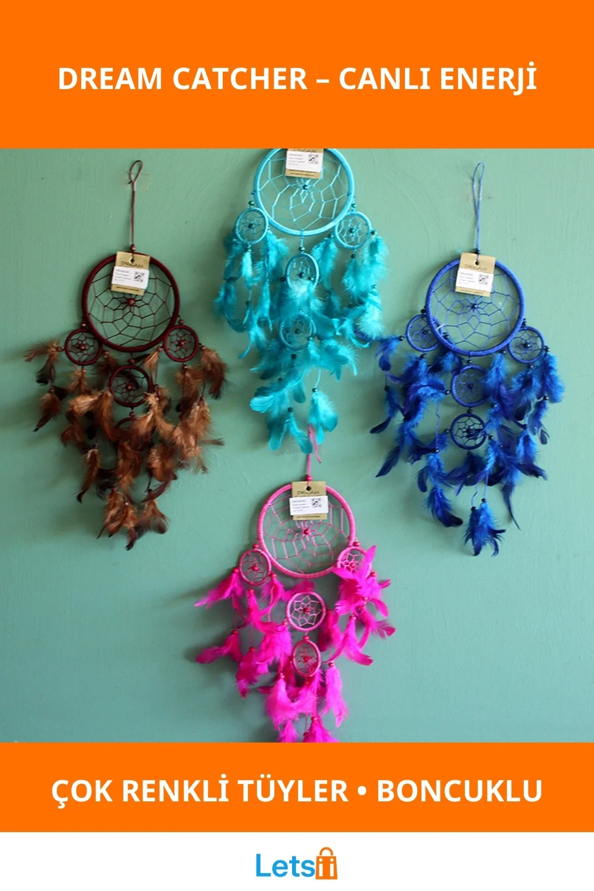 Rüya Kapanı Kahverengi Pembe Lacivert Mavi Renkli Tüy Boncuklu Dekoratif Aksesuar