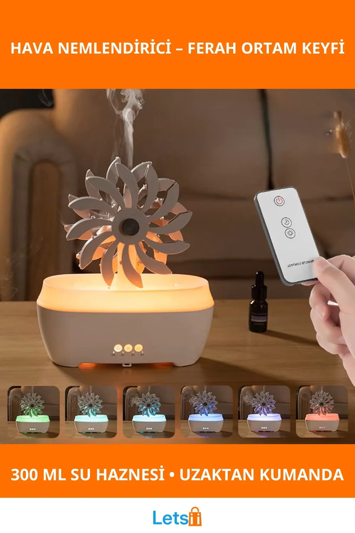 Rüzgar Değirmeni Tasarımlı Hava Nemlendirici 300 ml Uzaktan Kumanda ile RGB Işık Fonksiyonu