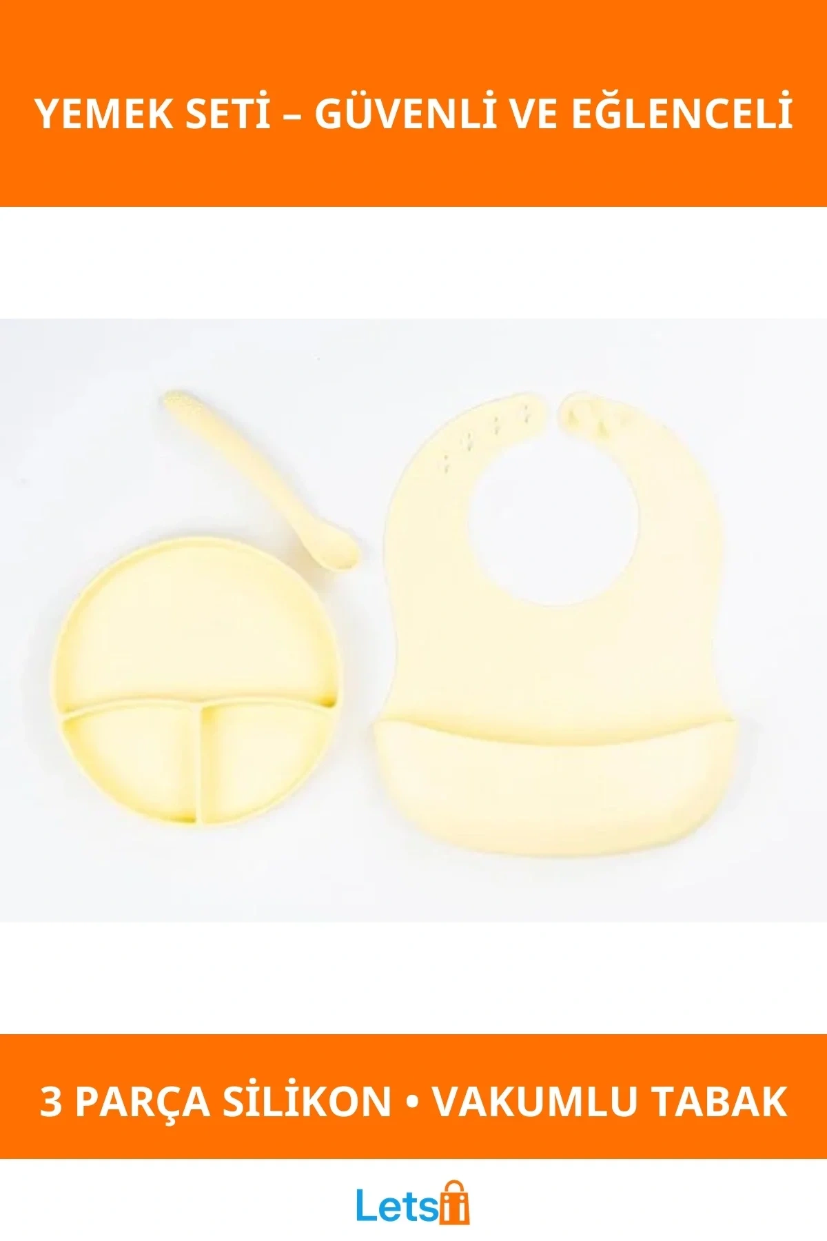 Sarı 3 Bölmeli Vakumlu Silikon Bebek Mama Seti Önlük, Diş Kaşıyıcılı Kaşık