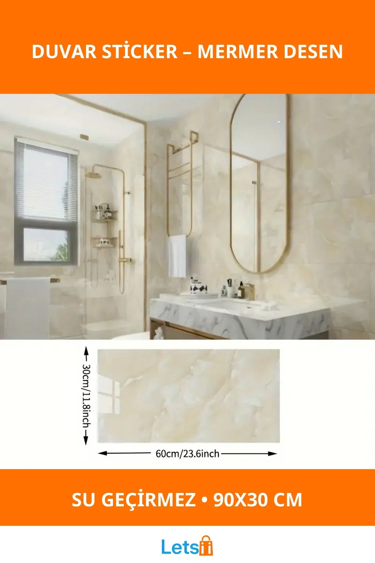 Sarı Mermer Desenli Kendinden Yapışkanlı Alüminyum Plastik Duvar Stickerı 60cm x 30cm