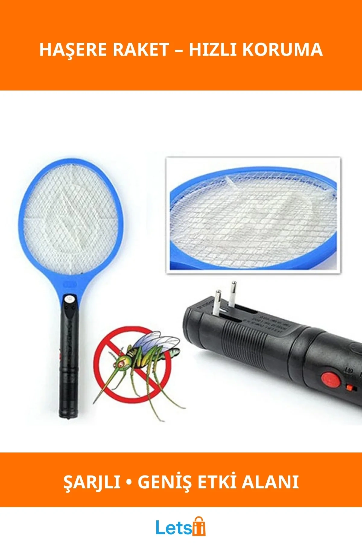 Şarjlı Elektrikli Sinek Öldürücü Raket 3 Katmanlı Metal Ağ
