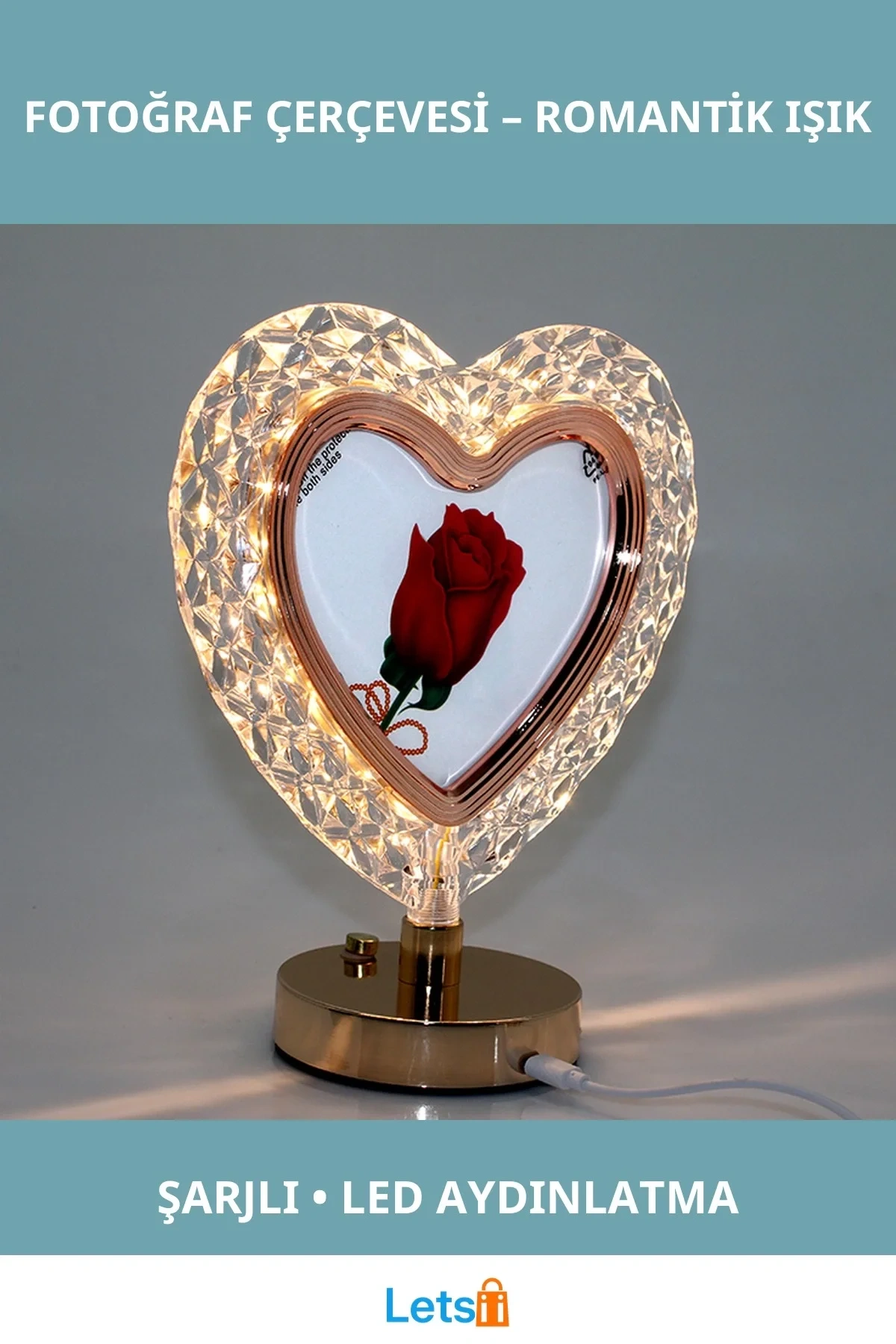 Şarjlı LED Işıklı Modern Kalpli Fotoğraf Çerçevesi