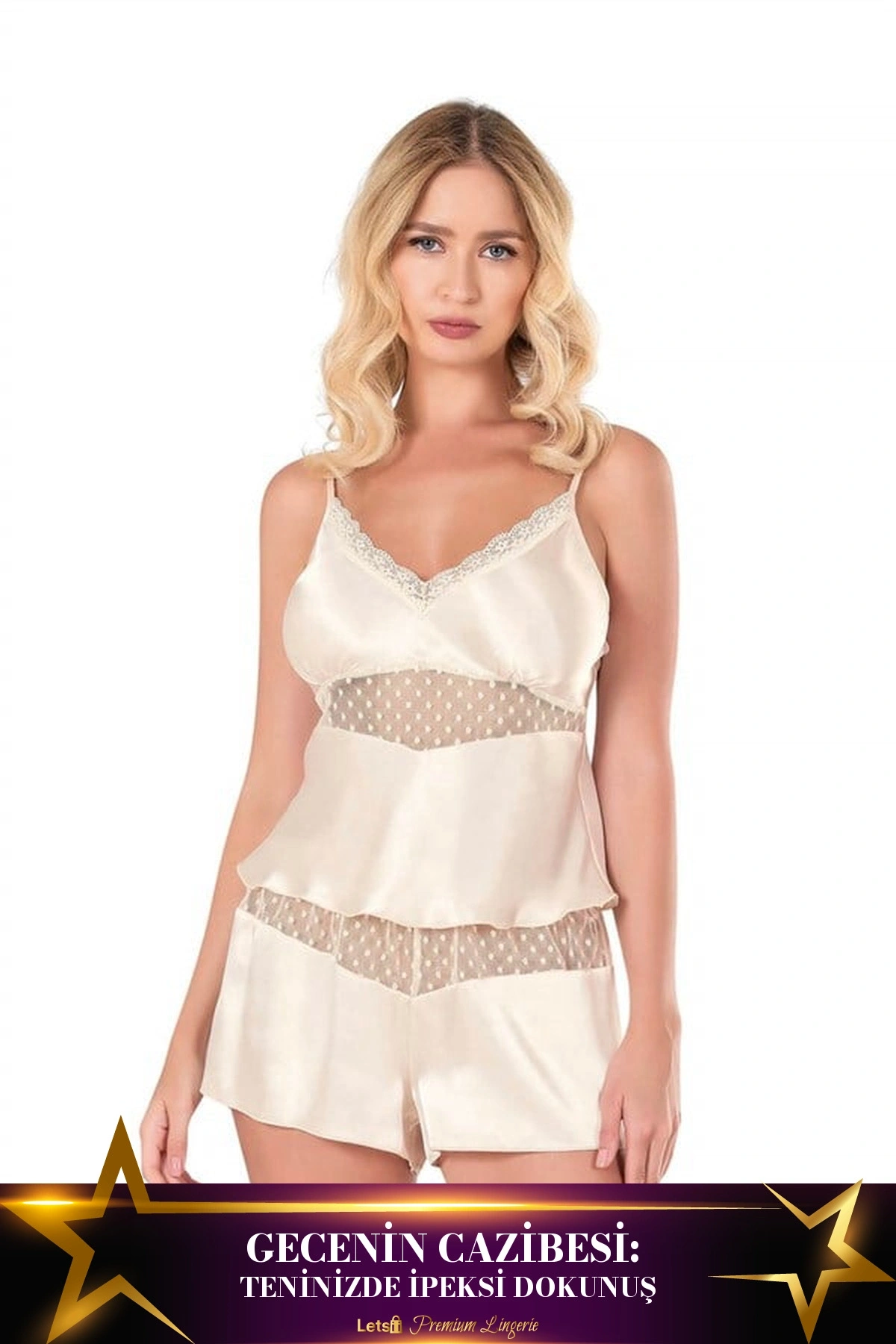 Saten Babydoll Şortlu Gecelik Takımı Fil Dişi Renk