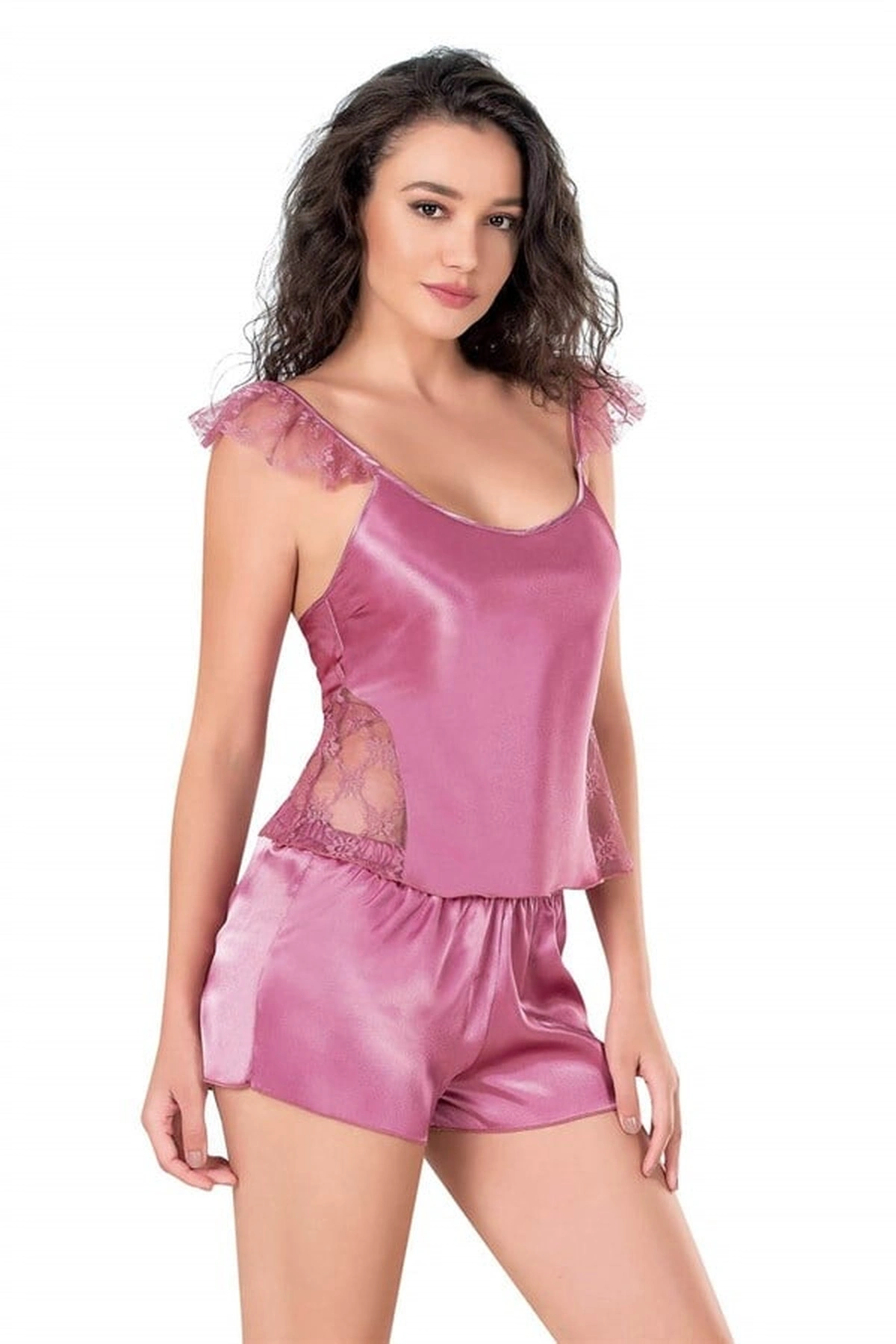 Saten Babydoll Şortlu Pijama Takımı Gül Kurusu Renk