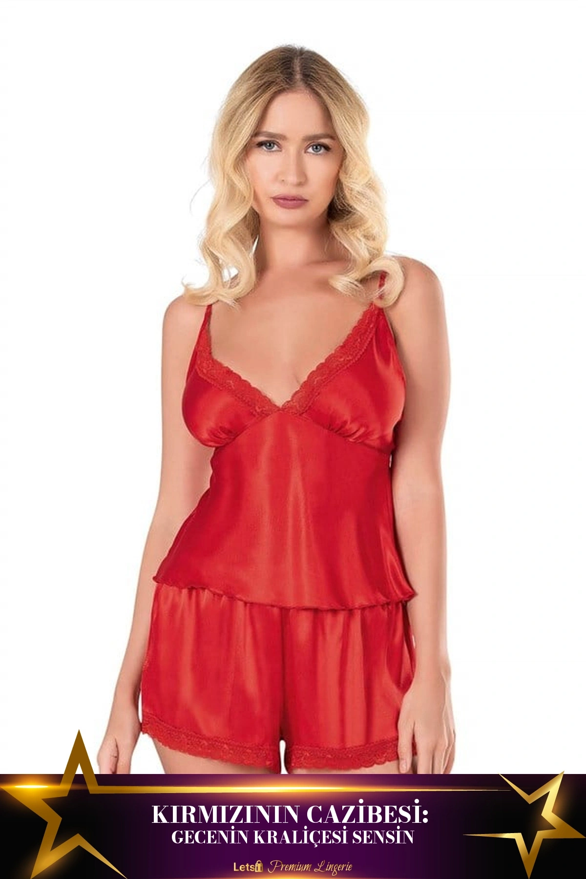 Saten Babydoll Şortlu Pijama Takımı Kırmızı Renk