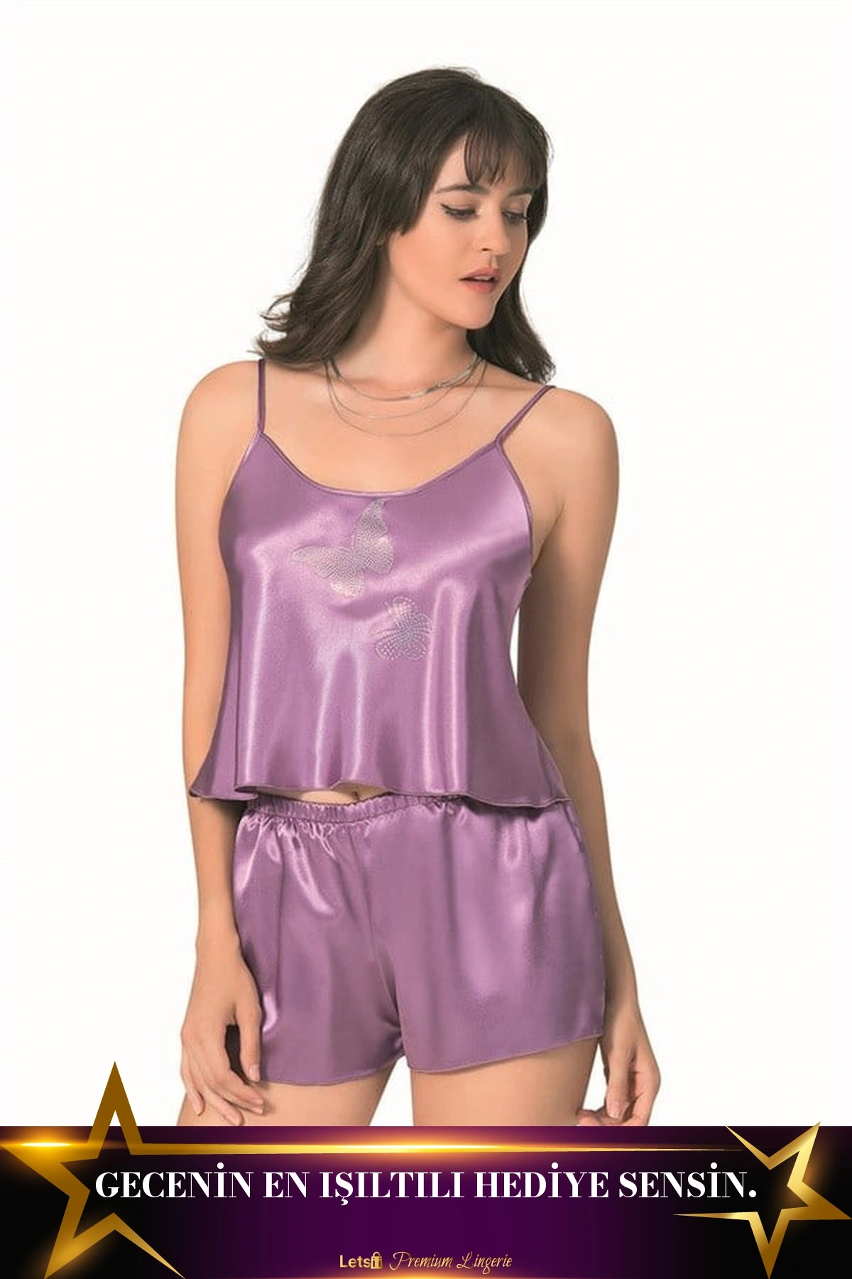 Saten Babydoll Şortlu Pijama Takımı Lila Renk
