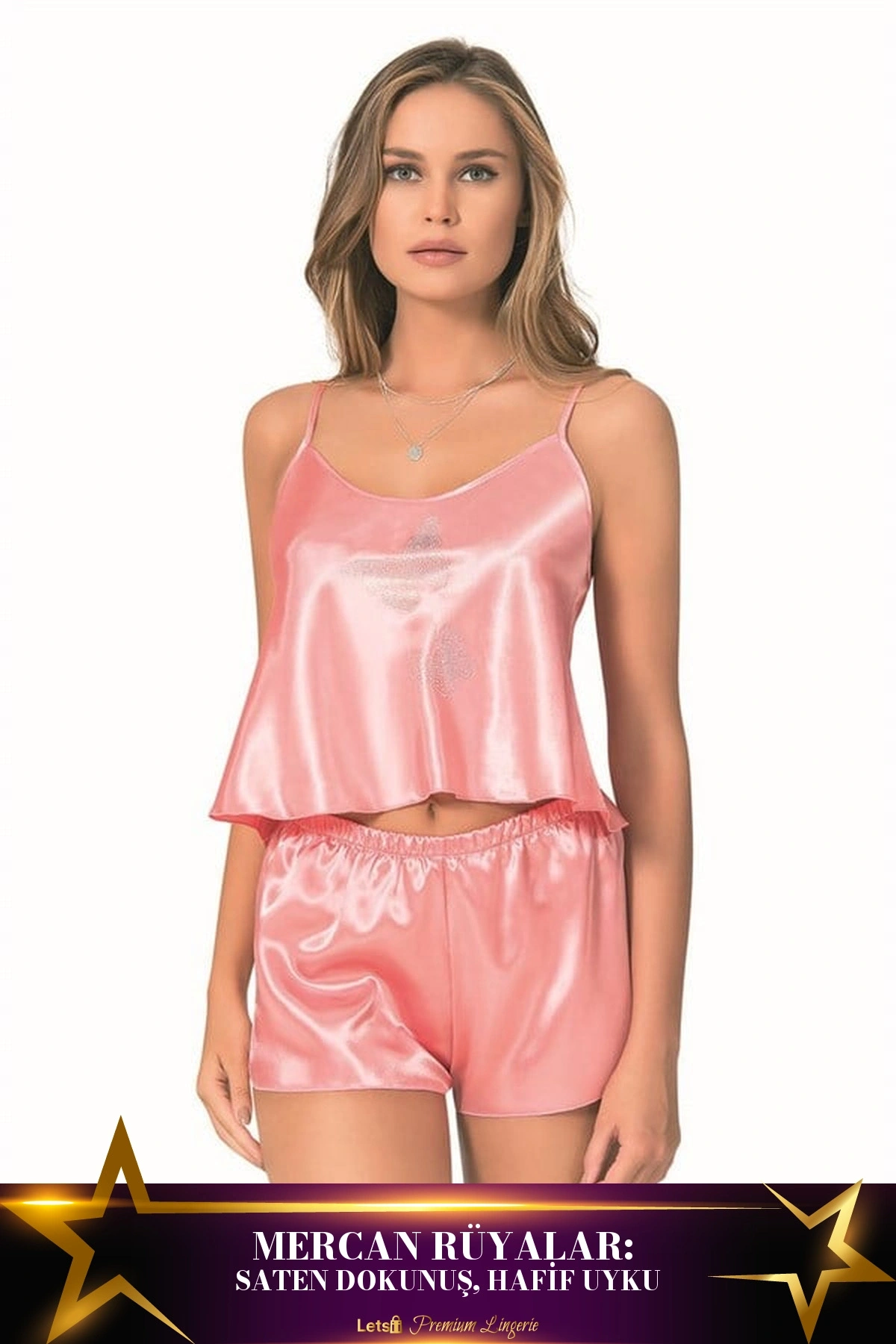 Saten Babydoll Şortlu Pijama Takımı Mercan Renk