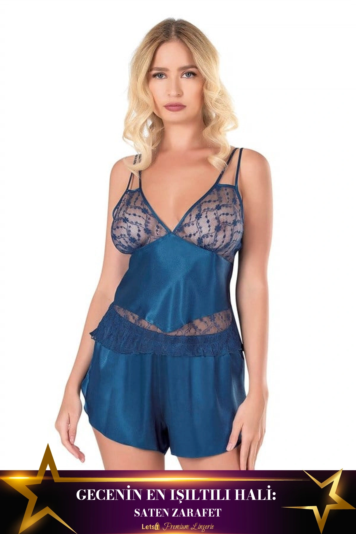 Saten Babydoll Şortlu Pijama Takımı Petrol Yeşili Renk