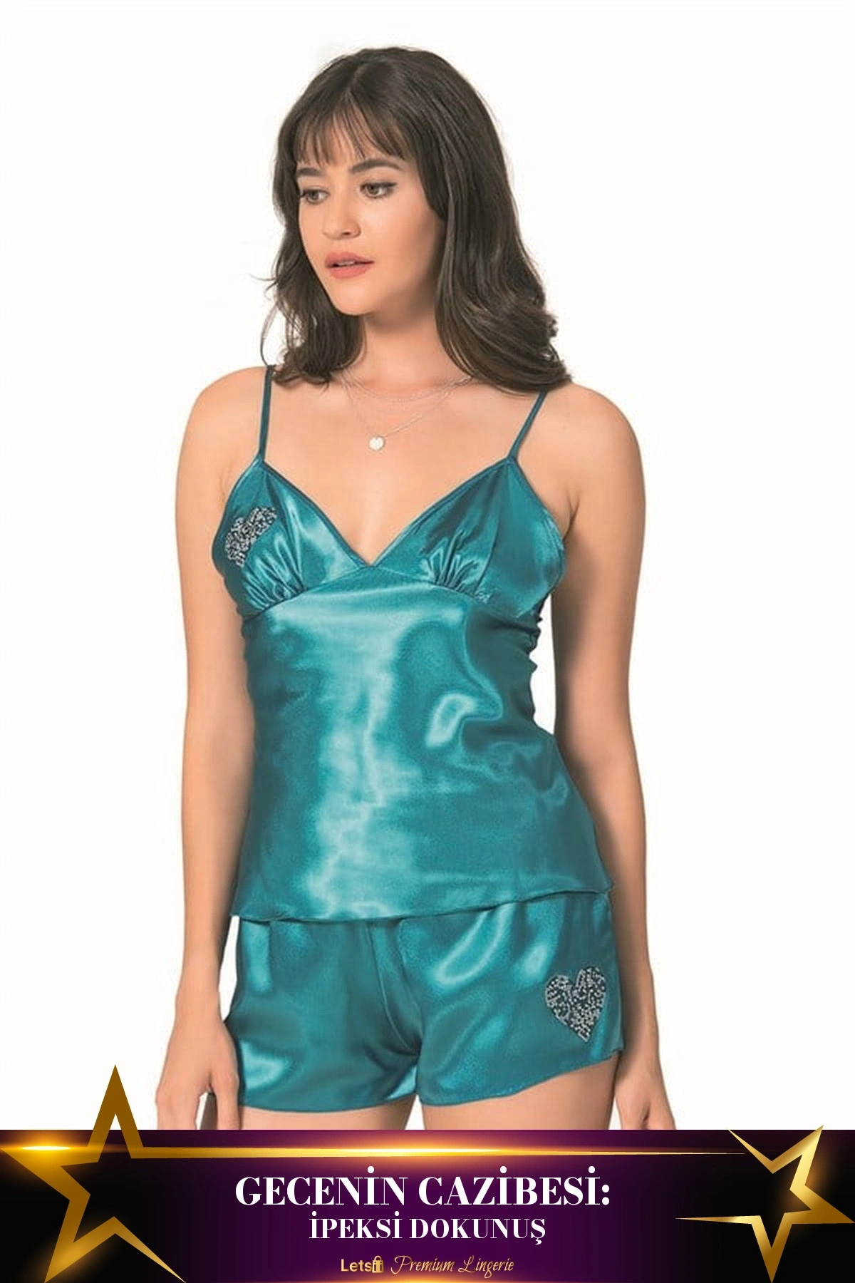 Saten Babydoll Şortlu Pijama Takımı Petrol Yeşili Renk