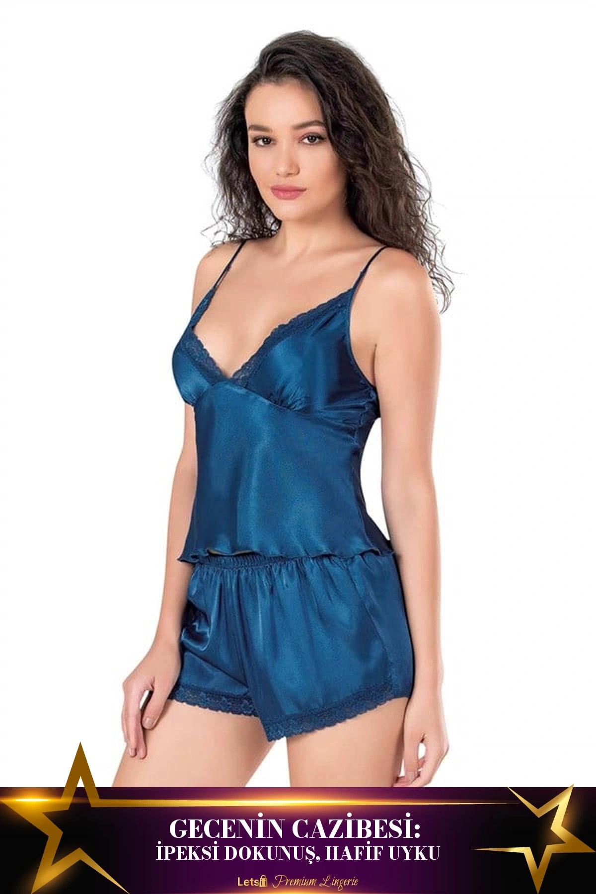 Saten Babydoll Şortlu Pijama Takımı Petrol Yeşili Renk