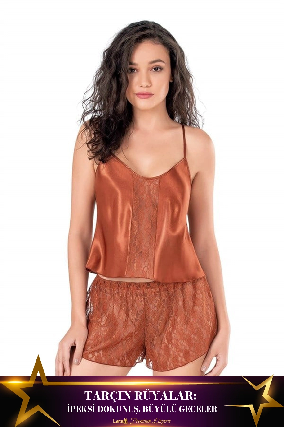 Saten Babydoll Şortlu Pijama Takımı Tarçın Renk