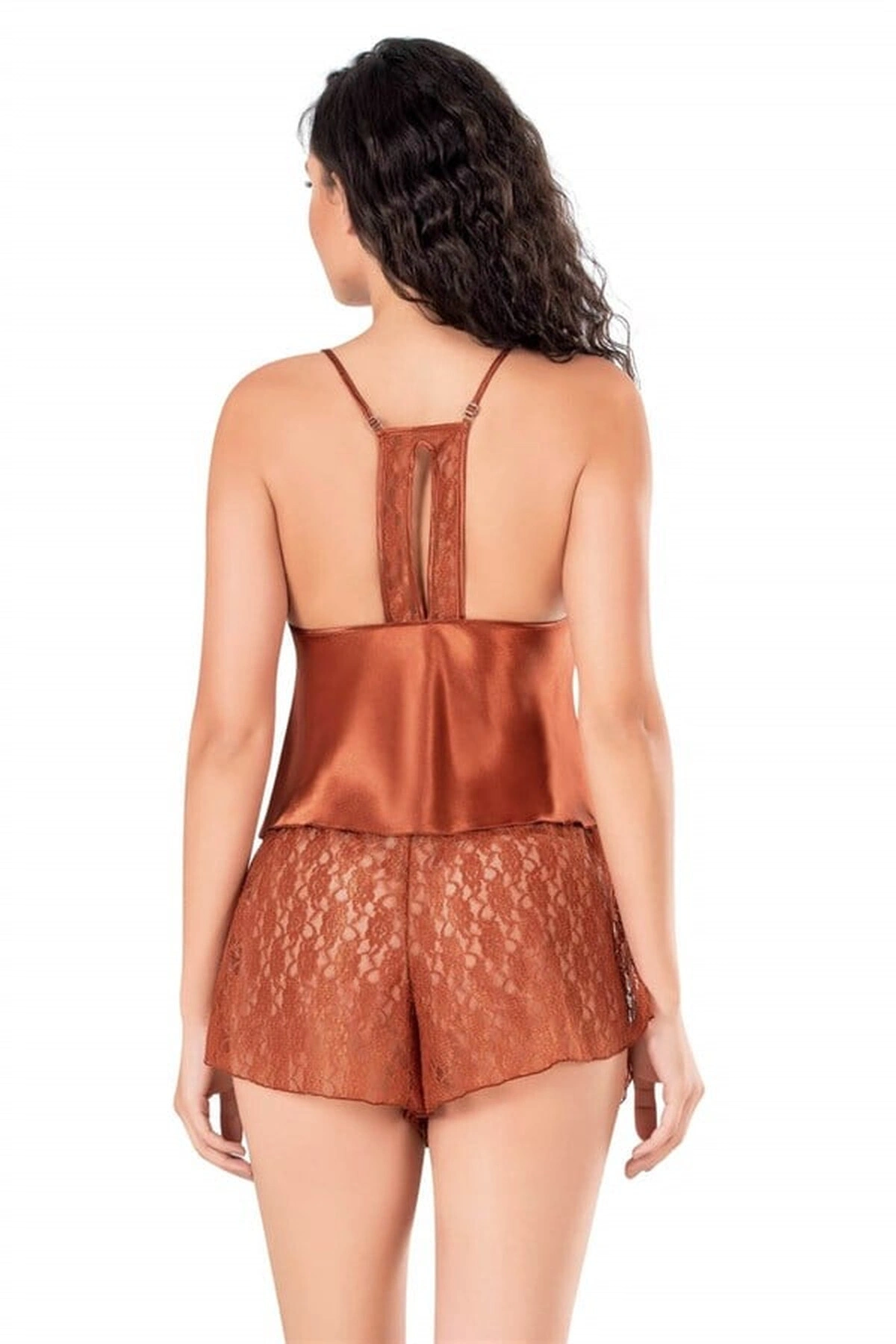 Saten Babydoll Şortlu Pijama Takımı Tarçın Renk